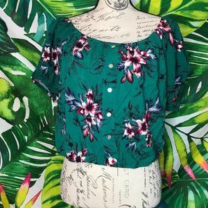 NWT $34 Candies Juniors XL Green Tropical Floral Peasant Off Shoulder Crop Top